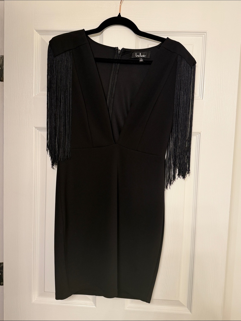 Lulu's Black Fringe-Trim V-Neck Mini Dress